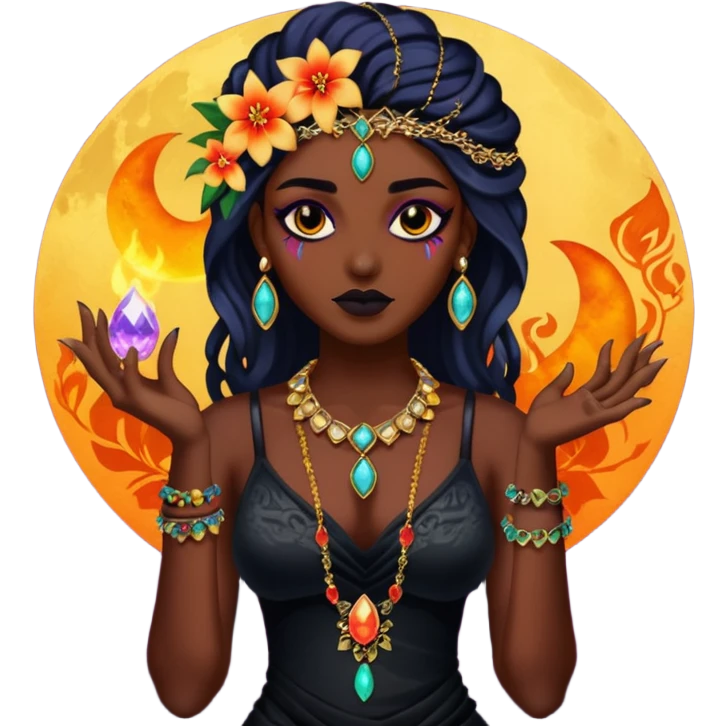Multicolored gloomy moonshine dark edgy spooky hot warm badass realistic floral exotic Falvie-Fionbri-animal, full body, wearing jewelries emoji