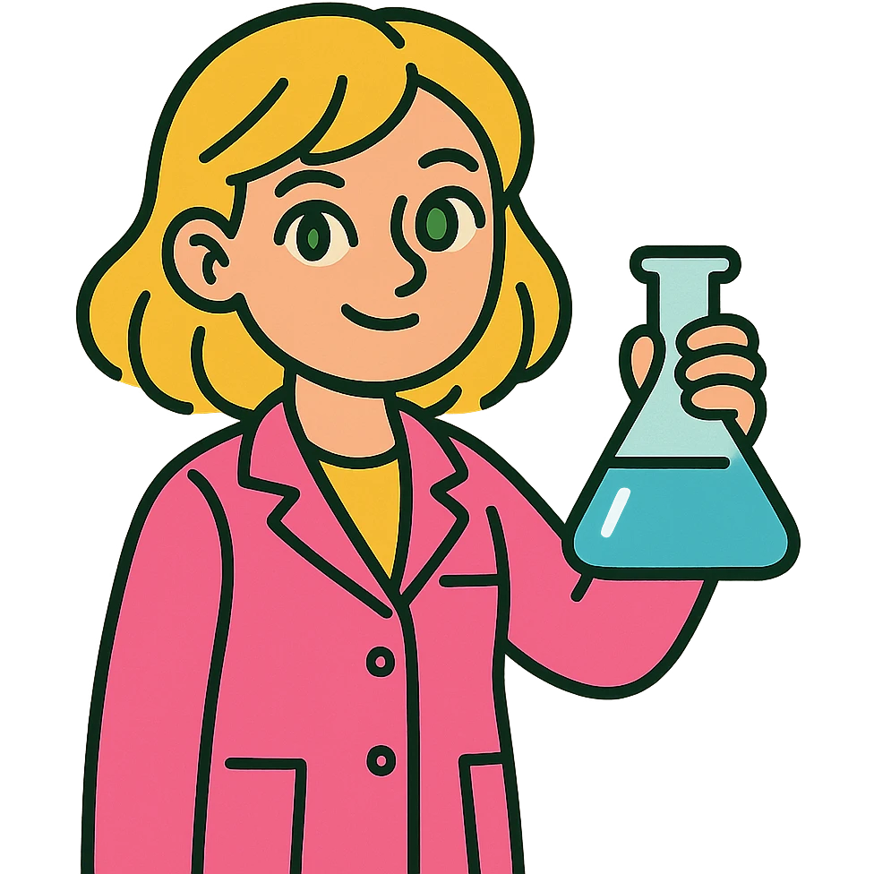 blonde girl with green-grey eyes, wearing a pink lab coat, holding a flask emoji