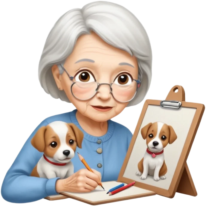An elderly woman sketching, art board,nice picture, puppy face pencil art style. emoji