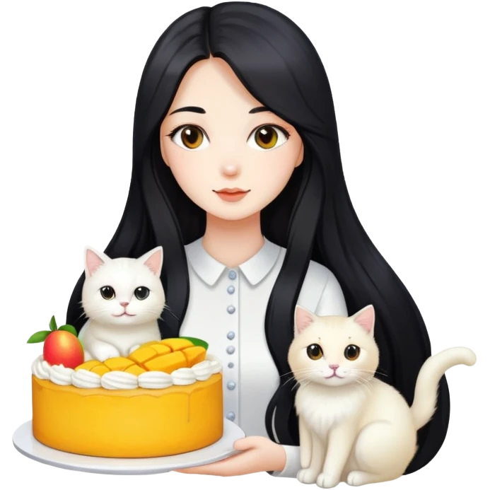 A beautiful girl with long black hair holding a mango cake and a white long-haired cat emoji