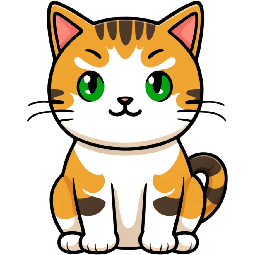 Brown, white, and black tabby cat with green eyes sitting to show its white belly, adorable sticker style emoji