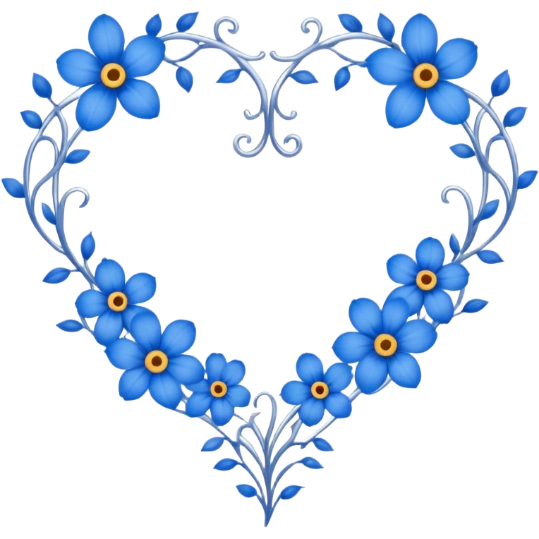 Romantic heart lace shape silver vine with blue flowers border emoji