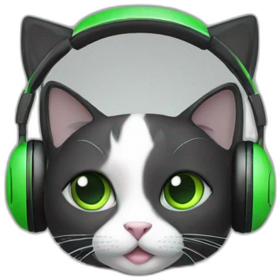 cat black and white with green eyes using a headset emoji