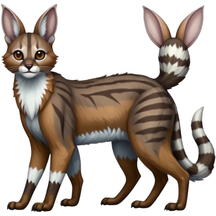 Realistic patterned marked edgy greyish blackish whitish silvery coppery Shiny Colorful Glossy Genet-Caracal-Lion-Bunny-Bobcat-fusion-animal-hybrid-creature, full body, big-tufted-bat-ears, long-thin-tufted-white-tipped-tail emoji