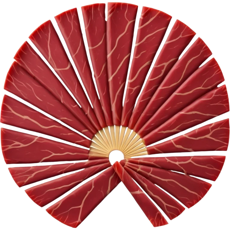 thin slices of air-dried beef, deep burgundy-red color, smooth slightly glossy surface, darker curved edges, fine grain, lean texture, slightly overlapping in loose fan shape, no board, garnish, or packaging, soft lighting, subtle shadows, emoji scale emoji