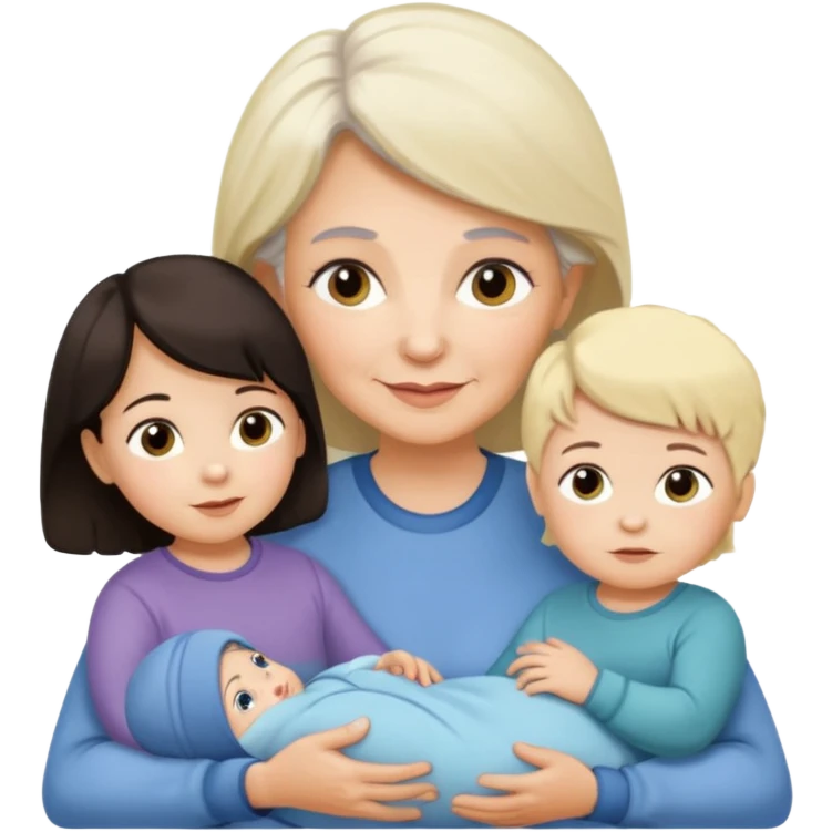 Alte Frau dunkles Haar mit Enkeln Kleinkind Mädchen 2 Babys Mädchen und Junge emoji