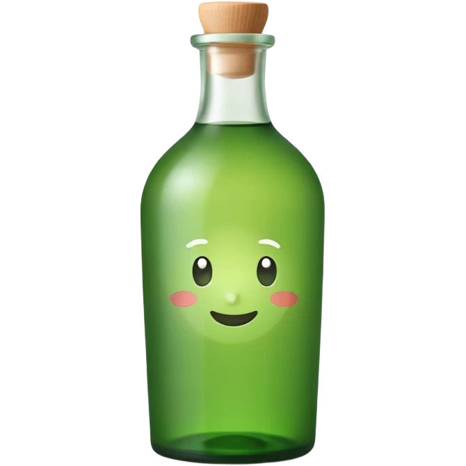 A clean, cute emoji-style green soju bottle, small Korean soju bottle with green glass, simple label in Korean style, minimal flat design, soft shading, centered, white or transparent background, high contrast, rounded friendly emoji look, 1:1 aspect ratio, app icon style emoji