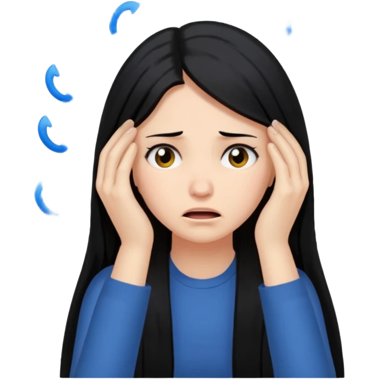 emoji of a woman with long black hair, anxious, hands clutching head, mental breakdown emoji