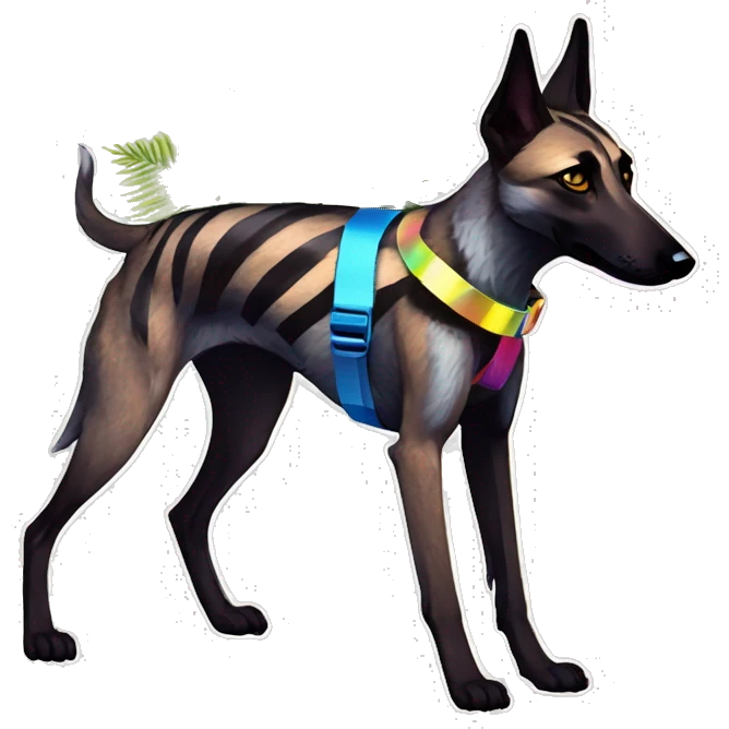 brindle brown black maroon striped lurcher Alsatian fox running blue eyes and iridescent holographic oilslick harness wearing paper iridescent tropical flower crown yellow caution tape emoji