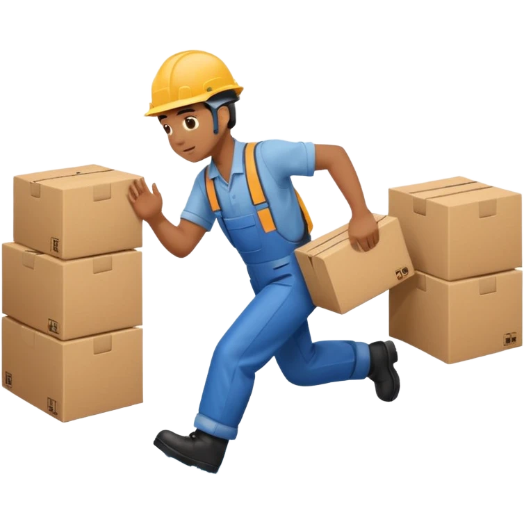 Animación educativa sobre un accidente laboral en un entorno industrial. Un trabajador de fábrica, con casco pero sin otros elementos de protección personal, resbala en un piso mojado y cae al suelo mientras transporta una caja. emoji