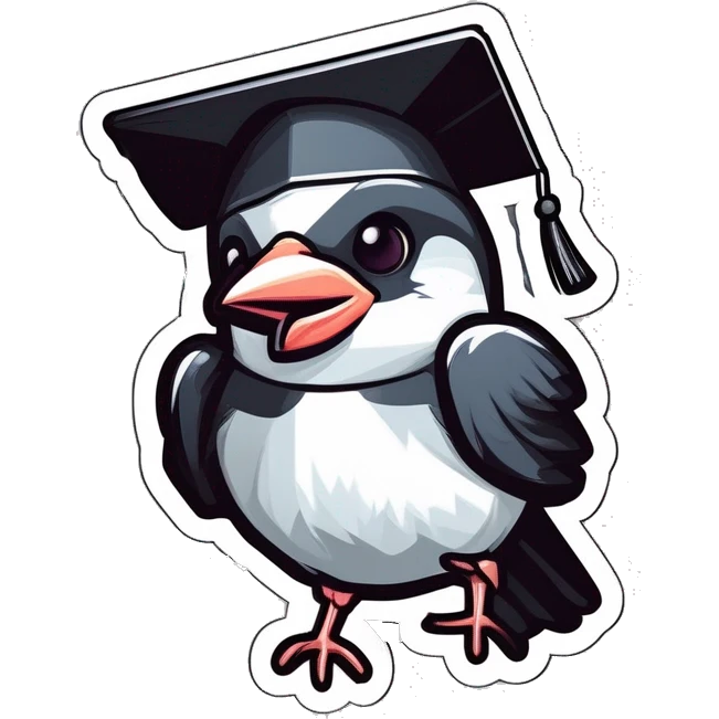 sticker: black and white sparrow with a square academic cap on his head laughs emoji