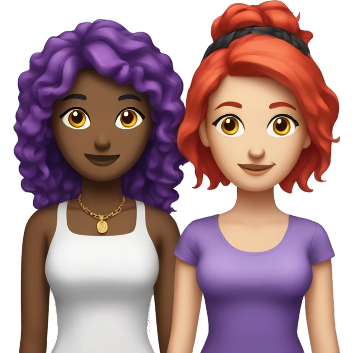 Two girlfriends one with red hair and the other with black hair with purple moneypieces  emoji