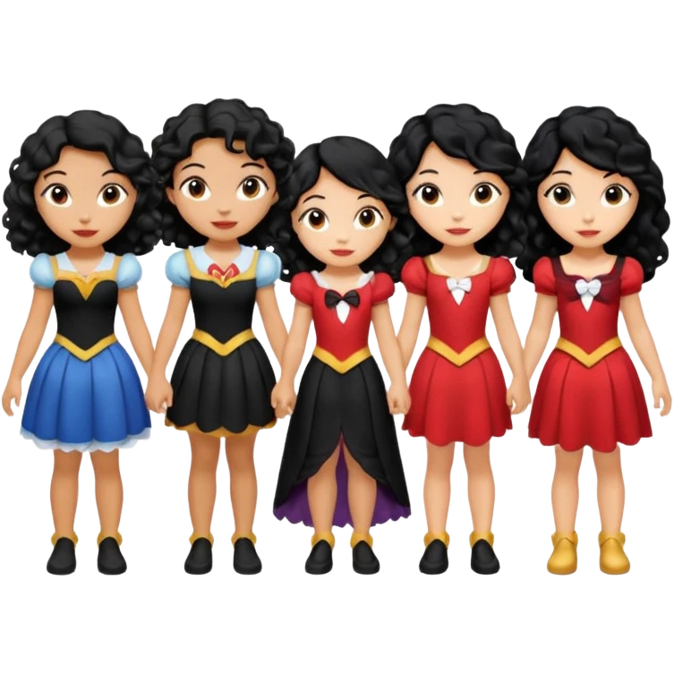 Haz algo relaciono con Disney donde haya quatre chicas con el tono de piel carne, una con el pelo rizado largo, una con el pelo muy corto negro, una con el cabello ondulado mediano y la otra con el pelo negro largo emoji