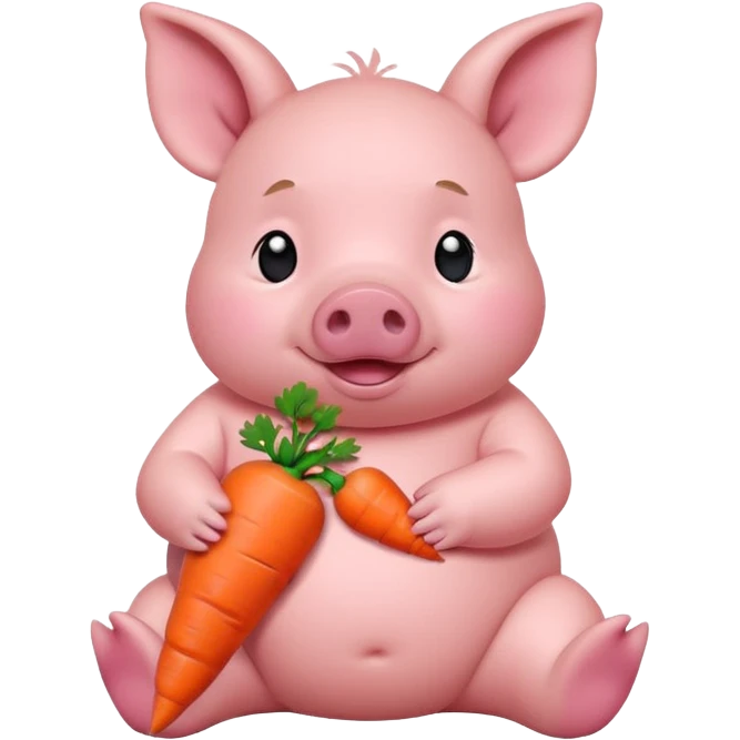Baby Sitting Piglet – chubby piglet sitting down holding a toy carrot emoji