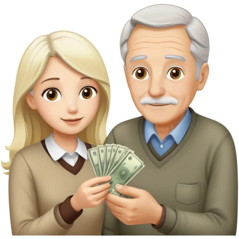 Kind elderly grandfather with gray hair giving money to a pretty blonde young woman who needs financial help, supportive family moment emoji