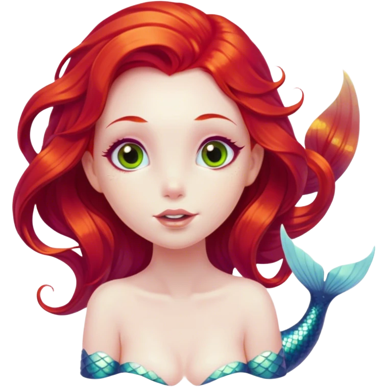 Cinematic Realistic Red Hair Mermaid Portrait, head tilted playfully and inquisitively, showcasing an ethereal form with finely detailed, flowing red hair against luminous porcelain skin. Her bright, curious eyes sparkle like hidden gems beneath the gentle caress of underwater light, rendered with lifelike clarity and warm, filtered illumination—capturing the essence of a spirited mermaid ready to splash playfully into your imagination. emoji