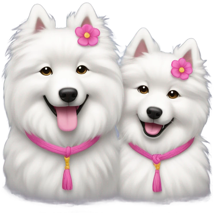 Two samoyeds with one a pink knot and the other a flower on the ear emoji