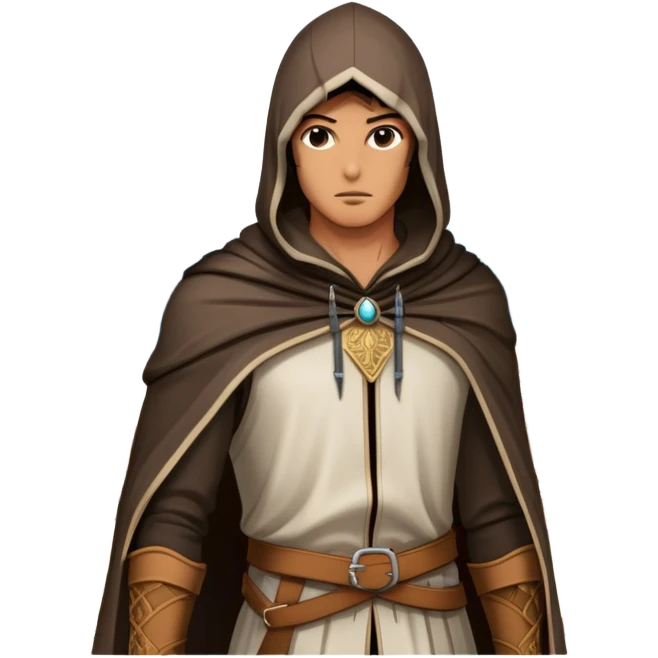 icon featuring a heroic figure in an iconic assassin's hood, standing tall against the backdrop of Florence. The design captures the essence of adventure, with intricate details of historical architecture and a sense of mystery. The character is poised, ready for action. transparent background. emoji