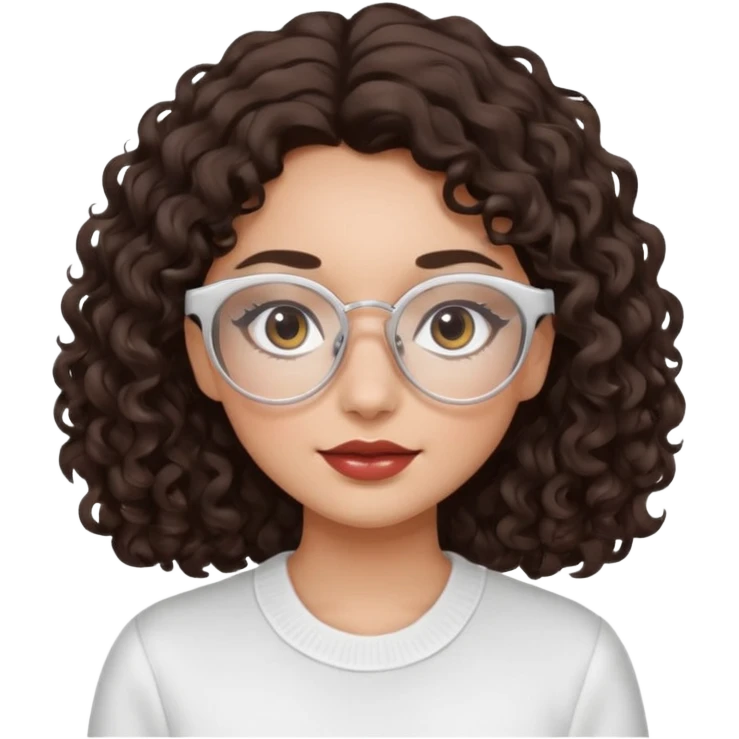 A dark brown curly-wavy hair girl with white glasses and clean girl makeup  emoji