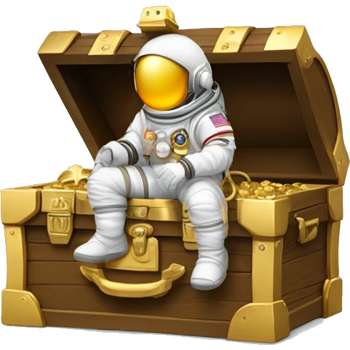 astronaut sitting on top of a treasure chest, astronaut helmet, gold chest, faceless emoji