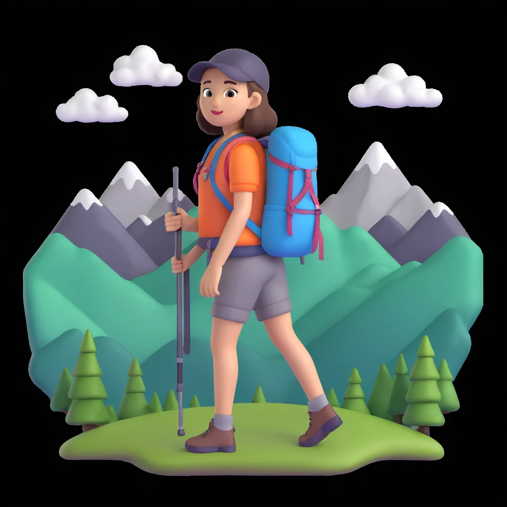 girl back packing mountains in background, close up pose emoji