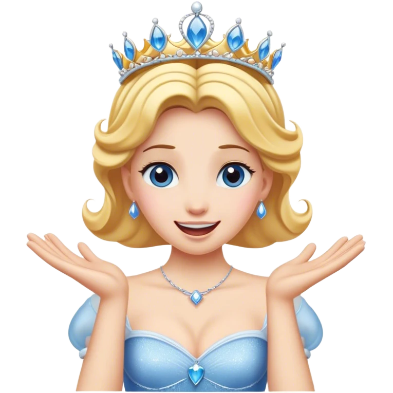 Cinematic Playful Cinderella Portrait Emoji, Blushing with excitement, hands clasped near her heart, eyes wide with anticipation, her tiara slightly askew from an unexpected twirl, a radiant princess caught in a moment of joy, utterly captivating! emoji