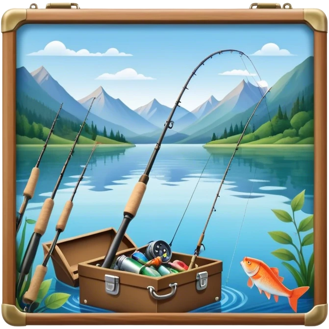 Icon for Fishing Travel: a fishing rod, tackle box and a boat on a calm lake surrounded by mountains and lush greenery, with fish jumping out of the water. The icon should capture the peaceful and adventurous nature of fishing trips. Transparent background. emoji