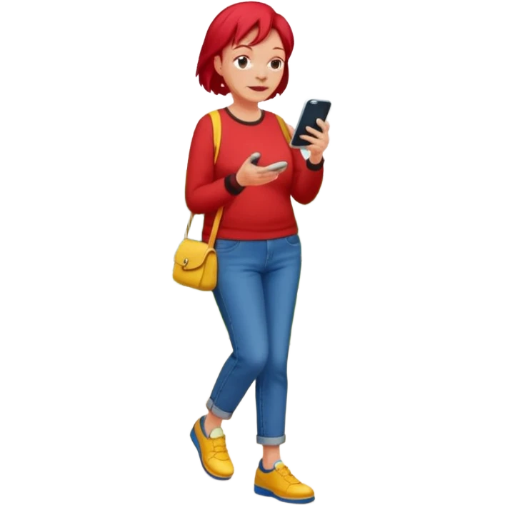 An old lady with red hair, wearing a red shirt, blue jeans, yellow shoes walking in a park holding a cell phone with a text bubble that says Have you checked in to the meetup? emoji
