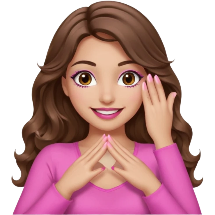 girl with long wavy brown hair, brown eyes, long lashes, sexy pink lips, light to medium complexion, wearing a pink sexy top, smiling, hands covering the eyes emoji