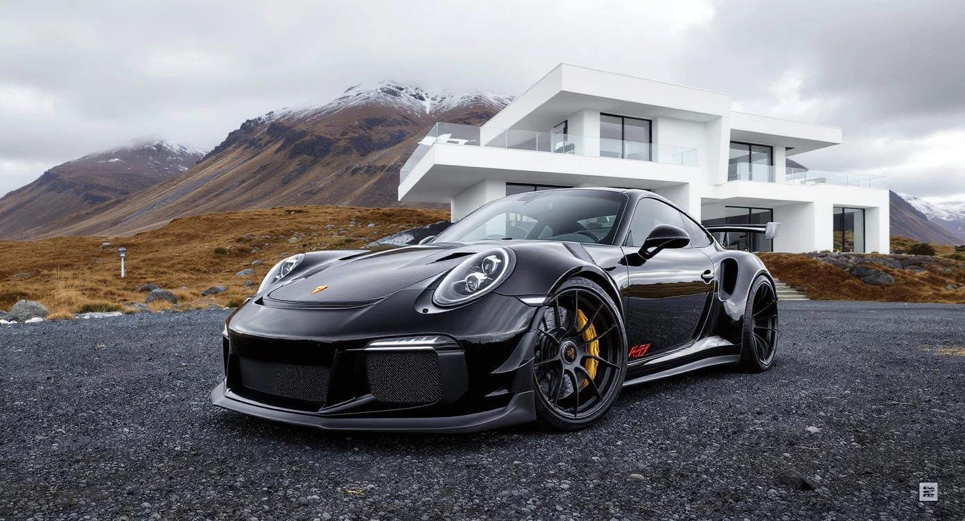 black porsche 911 with bodykit, in background is modern huge two flors white villa, in distance are iceland mountains, rule of thirds, shot on gopro hero, noise camera emoji
