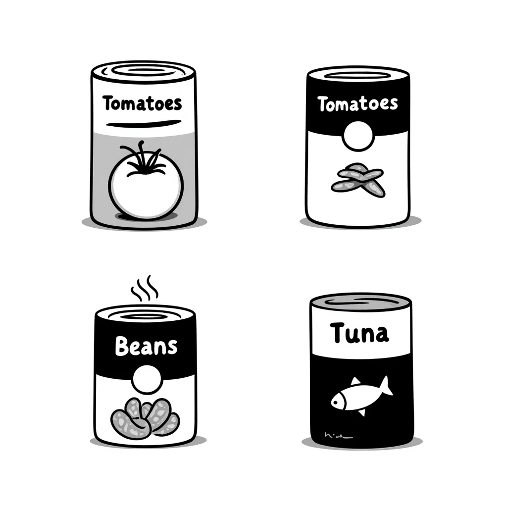 Four hand-drawn canned food items, showing different types of canned goods emoji