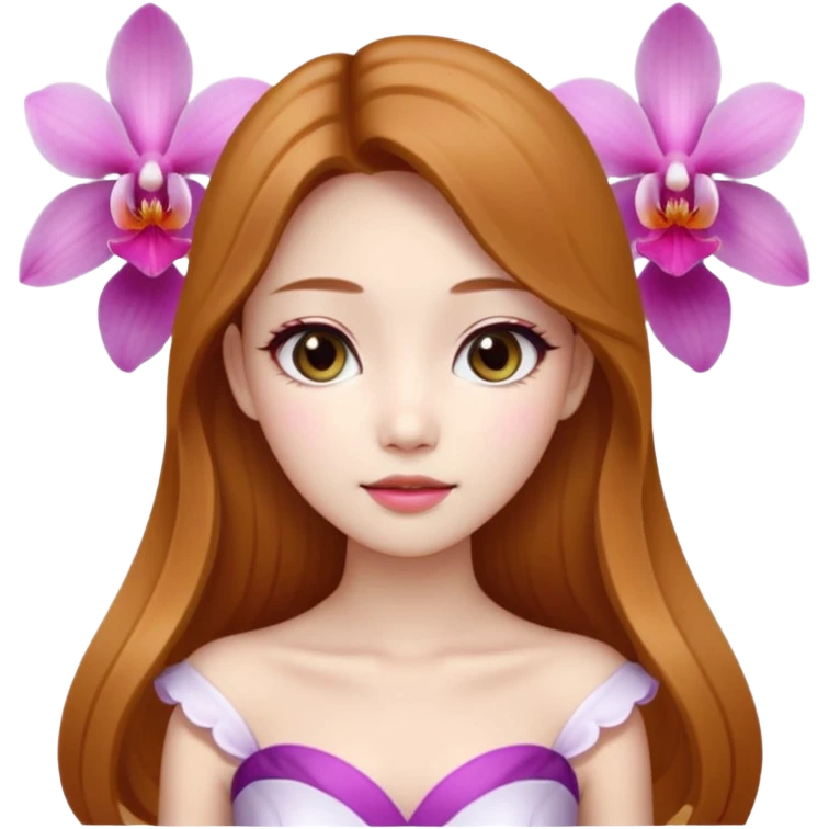 Asian girl with long golden brown hair white skin makeup natural with orchid white/pink only on her left ear, her dress is white  coquette  emoji