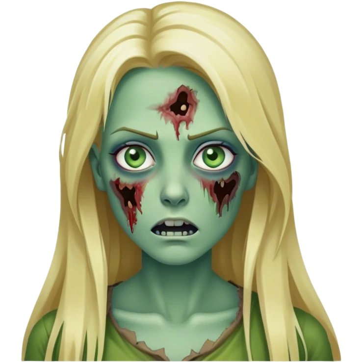 Mulher zumbi, loira, olhos azuis, cabelo liso escorrido, pele verde, cabelo longo emoji