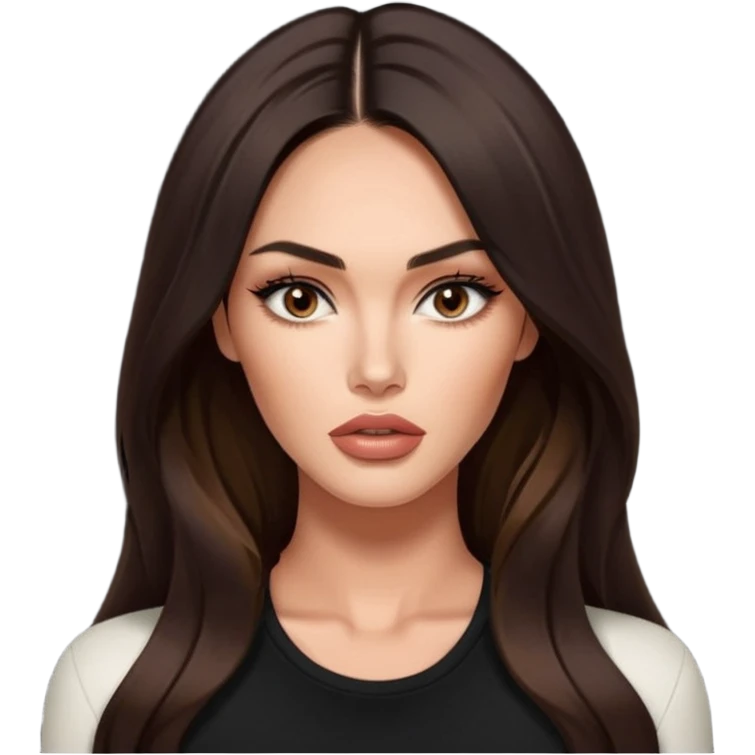 Megan fox, fashion model Beautiful woman model adult   large breasts  with monolid narrow dark brown eyes tan  skin, full lips  long hair model black   top   emoji