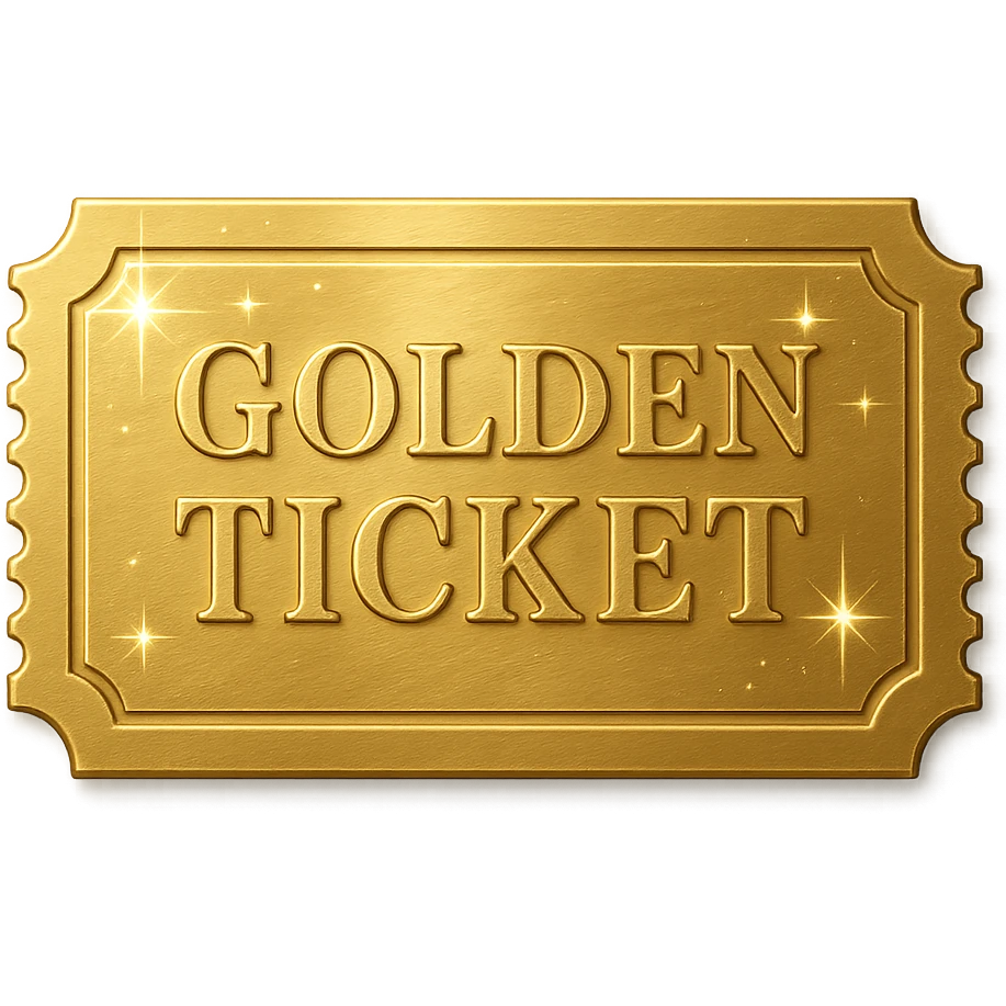 a golden ticket with sparkles and shine, shiny gold, embossed details, reflective, luxurious emoji