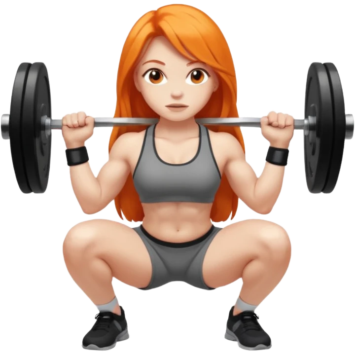 Pale girl with long orange hair squatting weight emoji
