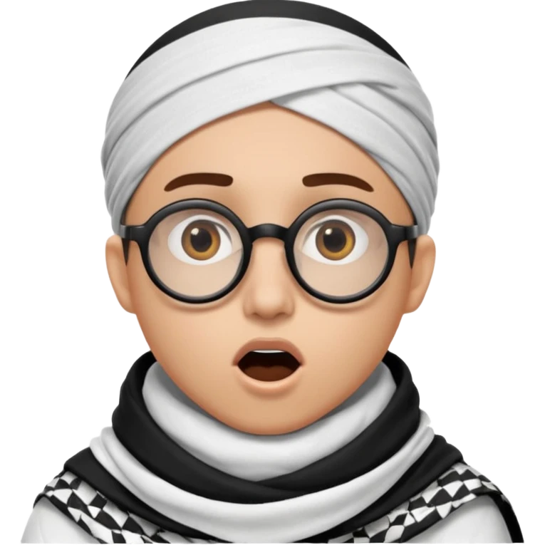 A person with light skin tone, wearing a traditional white keffiyeh with a black agal, large brown eyes, round glasses, and an open mouth showing a surprised or shocked expression. emoji