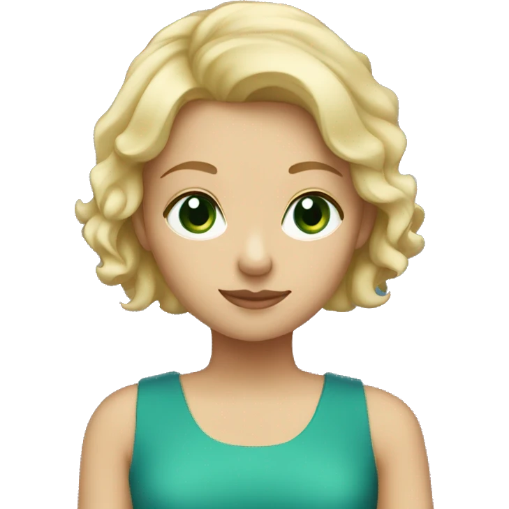Blonde girl with green eyes and short hair down to her shoulders wearing a blue dress emoji