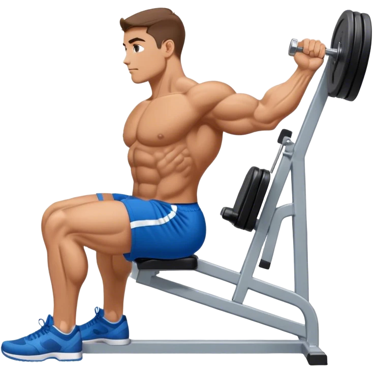side-view bodybuilder in blue shorts seated weighted calf-raise machine on his tip toes emoji