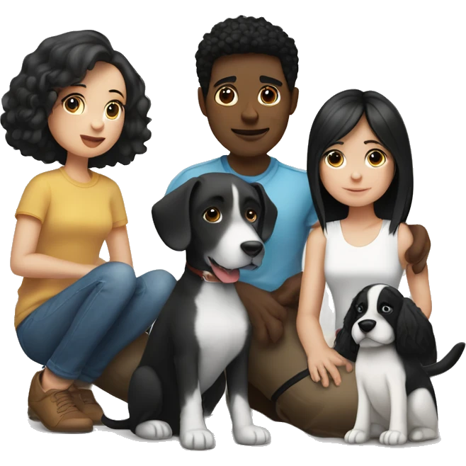 girl with white skin and black hair sitting next to a man with white skin and black hair, and a black and white colored dog sitting next to them and also a brown dog sitting next to them emoji