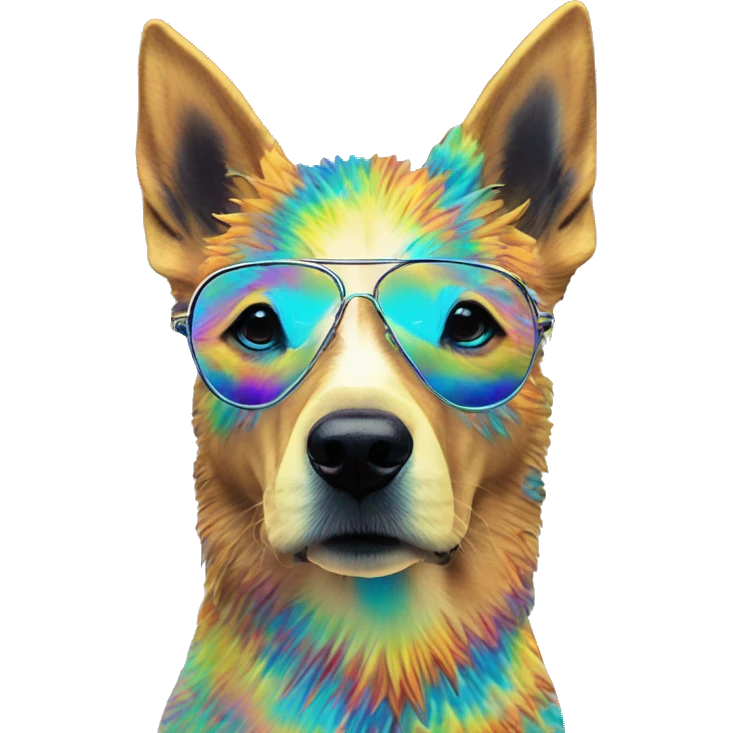 Multicolored rainbow retro groovy tie dye hippie trippy floral patterns on a metallic holographic iridescent blue dog face head unicorn emoji
