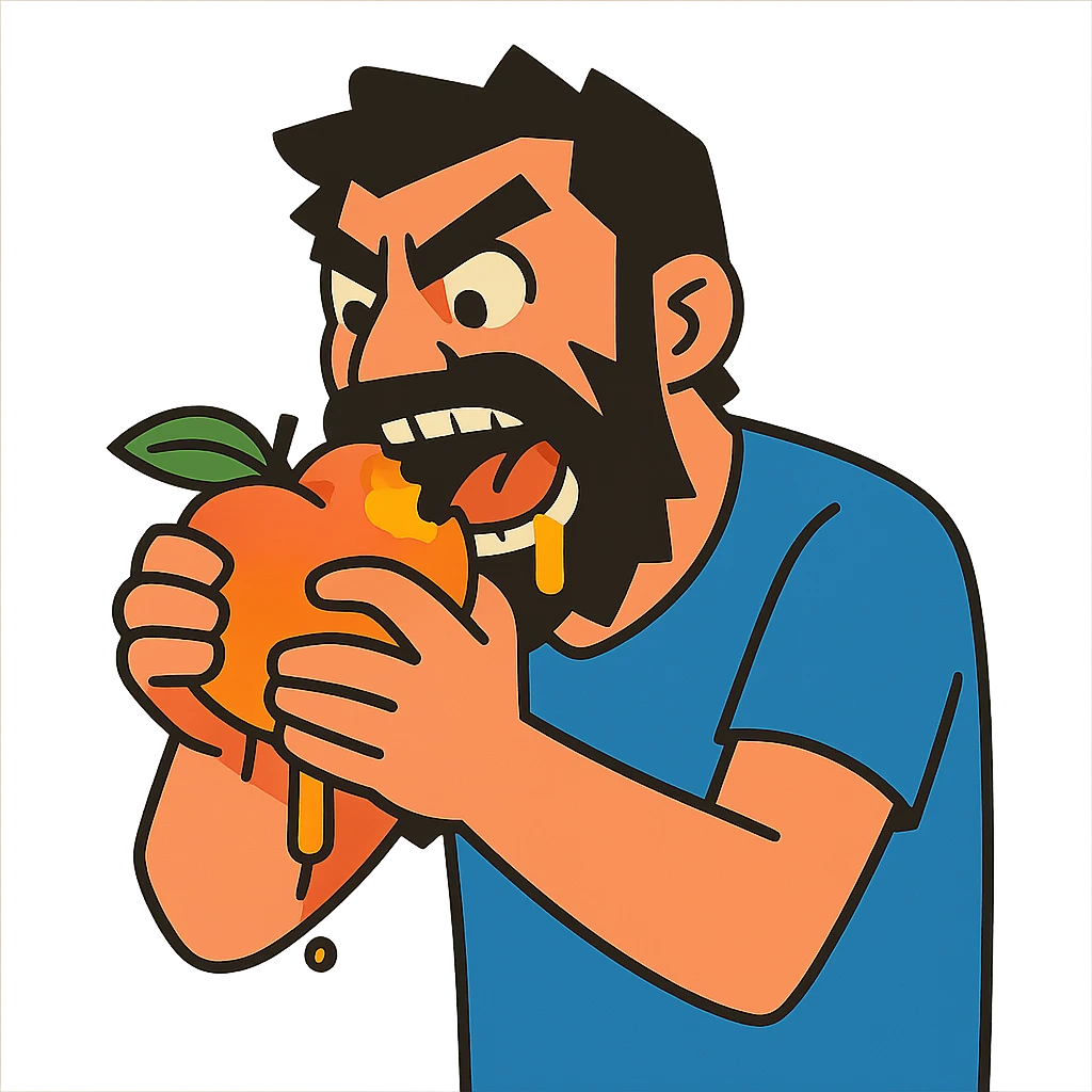 a man ferally eating a peach emoji