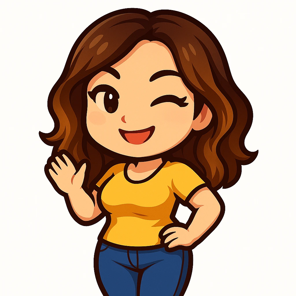 Create a chibi emote of a woman from the reference images with a slightly skinnier body and bigger chest, wearing a yellow t-shirt and blue jeans, winking, cute playful face, no headband, no wand, no green heart, transparent background, and top color not matching jeans, matching the attached green heart emote as a base style. emoji