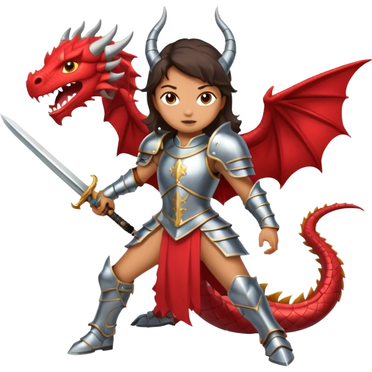 Fierce Latina in armor with a sword in a losing battle with a dragon emoji