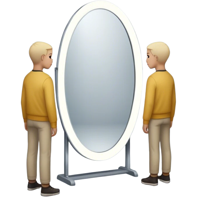 A person looks into a mirror, but instead of their own face, they see a larger figure watching them—distant, imposing, and unreadable. As they step back, the reflection fades, revealing only themselves. They turn away, realizing the power was never in the reflection but in walking away. emoji