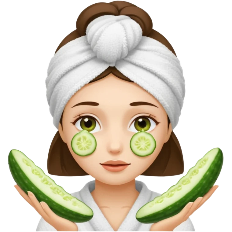 Chica con toalla en el pelo y ruedas de pepinos en los ojos emoji