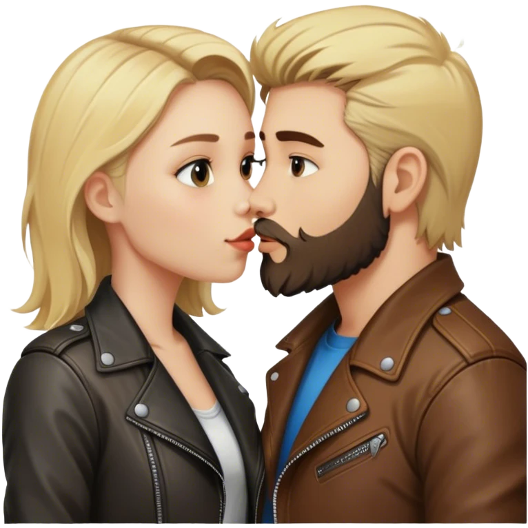 A blonde girl with kissing a brunette boy with a beard and leather jacket  emoji