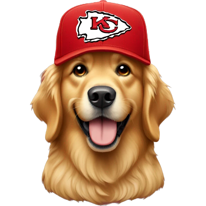 Golden retriever wearing a KC chiefs hat emoji