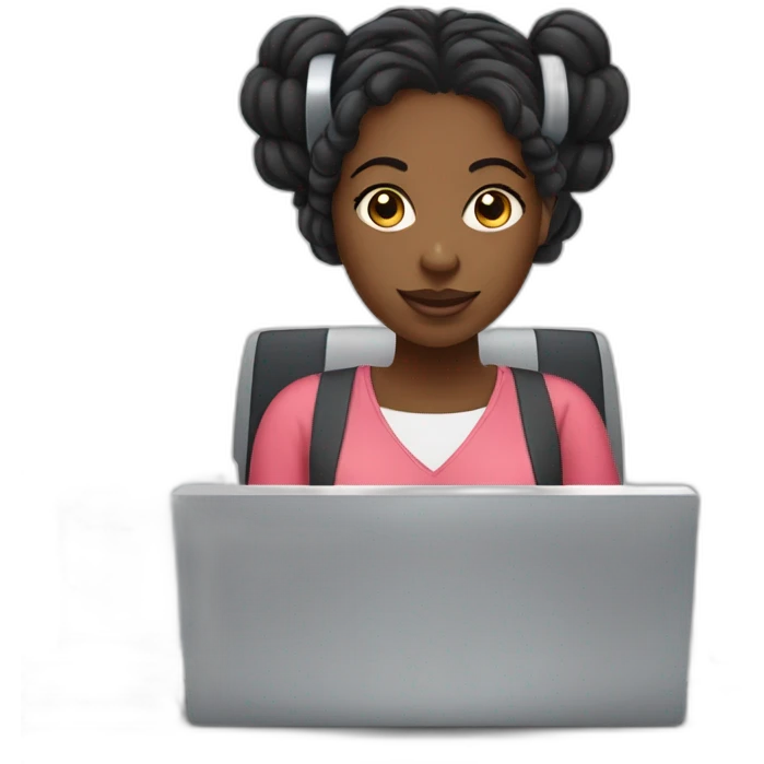 A black woman with space buns behind a computer screen, working in the field of technology emoji