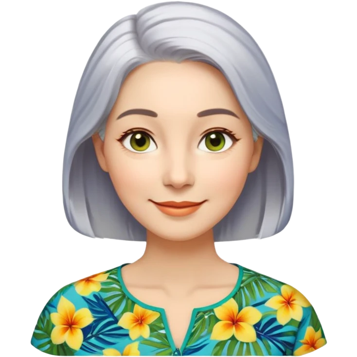 A woman with light complexion, an oval face with soft rounded features, full cheeks, gentle almond-shaped eyes with subtle smile lines, silver-gray hair parted to the side and styled loosely, wearing a vibrant tropical print blouse in blue, green, and yellow, exuding warmth and joy. emoji